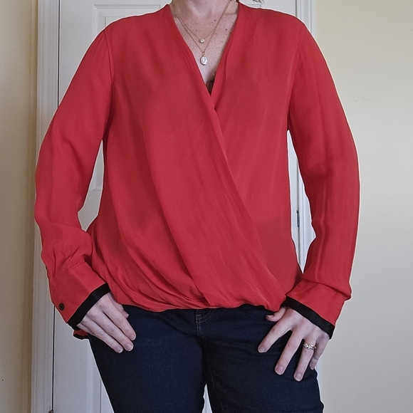 RAG & BONE Red Silk Wrap Blouse Hi Lo Hem Long Sleeve Large - Picture 3 of 8